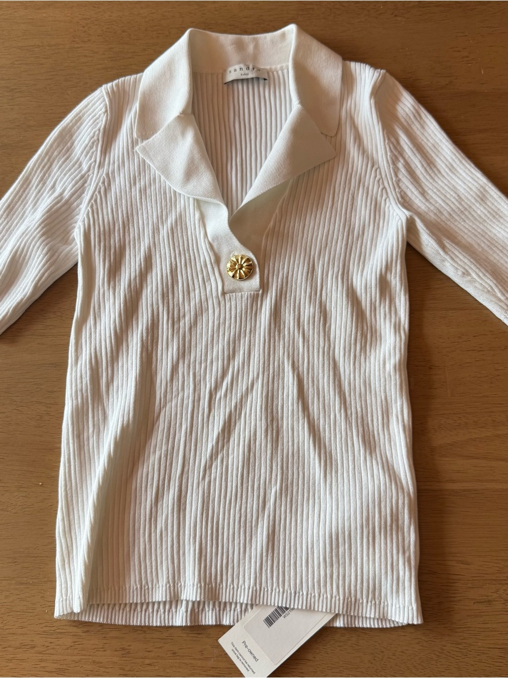 Sandro Cream Ribbed Polo Sweater with Gold Button
